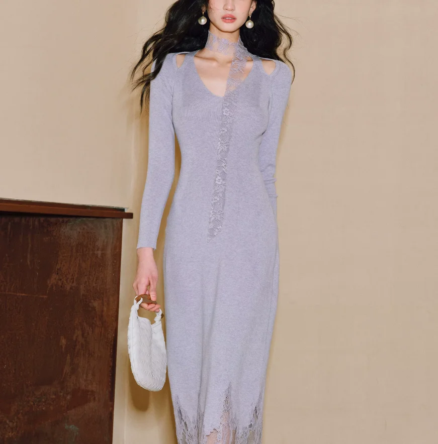 

Merino Wool Knitted Splicing Eyelash Lace Dress Women Off Shoulder Neck Slim Elegant Midi Dress
