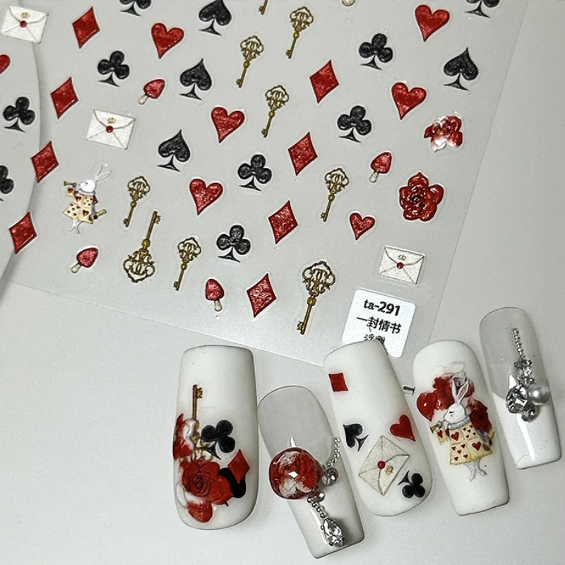 Poker Rabbit acquerello Rose Love Letter Red Love Heart Retro Bunny 3D autoadesivo Nail Art decorazione Sticker Manicure decalcomanie