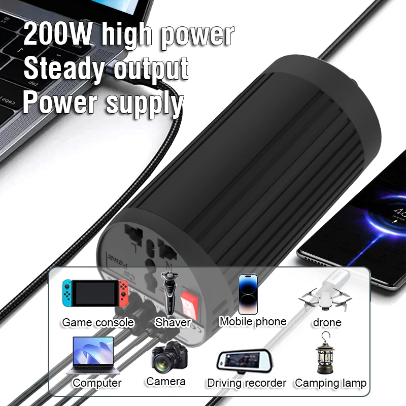200W Car Power Inverter 12V To 220V 110V Converter DC To AC Transformer Cigarette Lighter Input 25W USB Fast Charging and Type-C