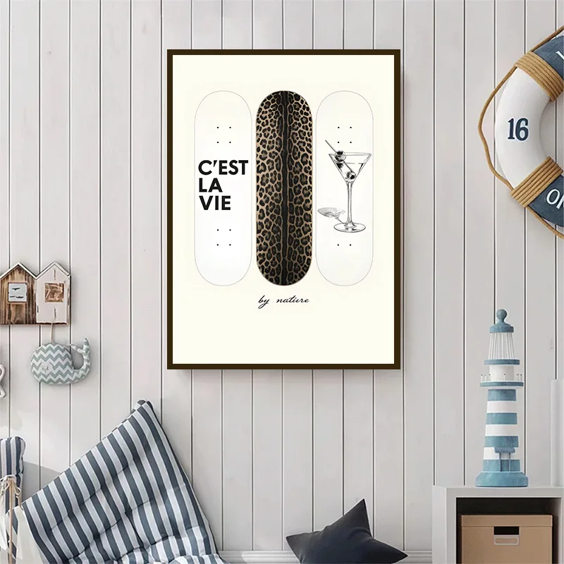 Trendy Leopard Print Skateboard Wall Poster Martini Cocktail Art Print Chic Modern Decor for Bar Bedroom Dorm Decorative Art