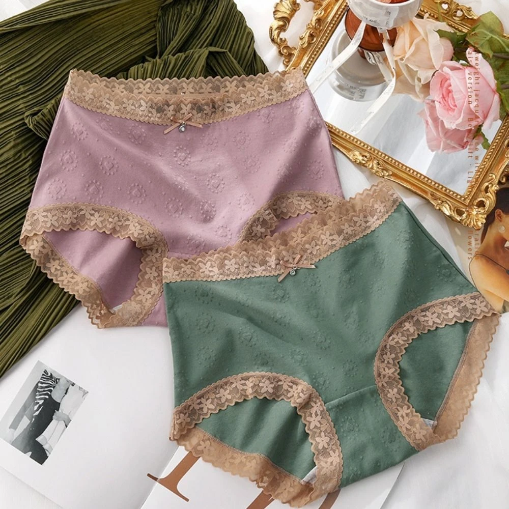 

Comfortable Sweet Lace Panties Women Cotton Back Hollow Mid Waist Underpants Bowknot Female Underwear Lace Flower Briefs Daily
