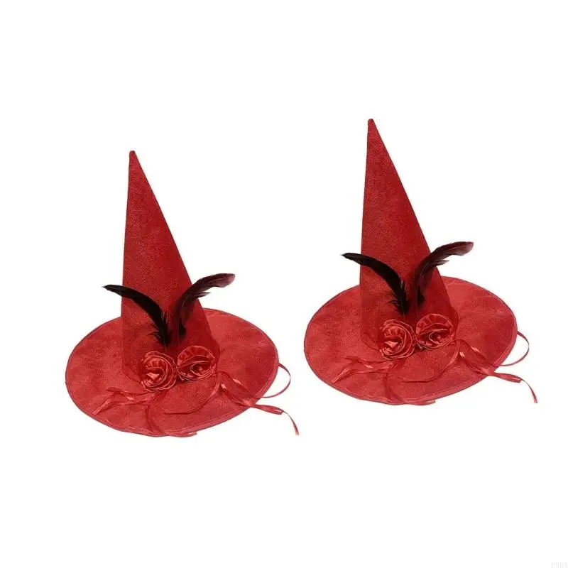 P88A Elegant Witch Hat Velvety With Color Ribbon Roses Accent For Halloween Costume Parties