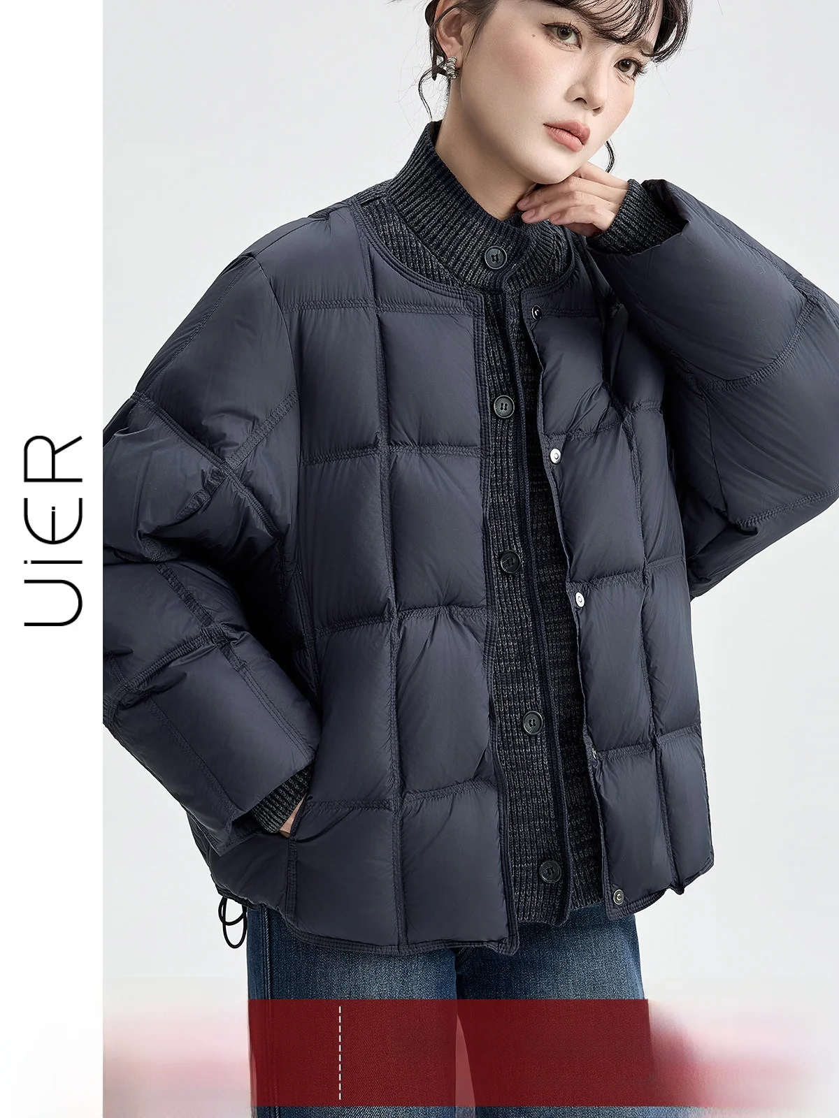 

Женская пуховая куртка Guier с воротником-стойкой и вставками, новая коллекция Зима 2025, вязаная, белая, теплая, повседневная верхняя одежда