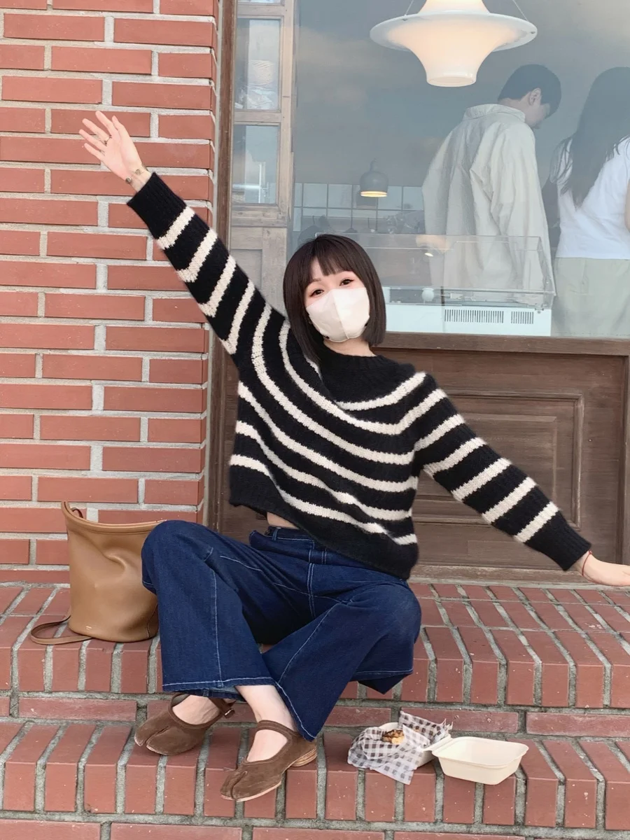 

Мягкий трикотаж из меха медведя, женский свободный ленивый свитер, высококачественный свитер в полоску, милый свитер, чистая электронная коммерция S