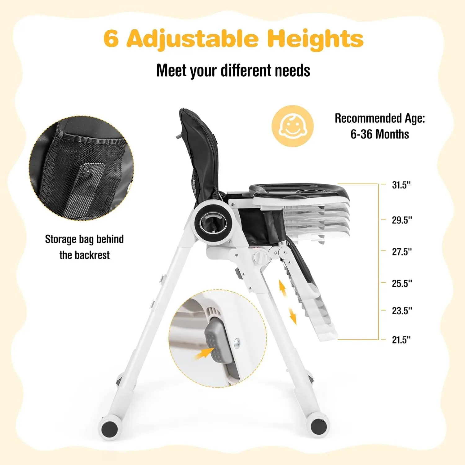 High Chair for Babies & Toddlers, Foldable Highchair with Adjustable Backrest/Footrest/Seat Height, Double Removable Trays