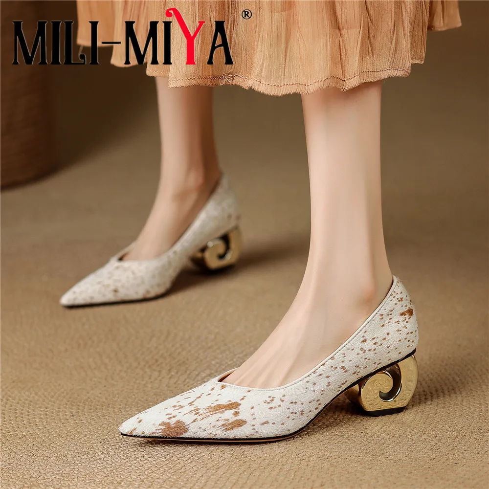

MILI-MIYA Women's Pointed-Toe Horsehair Pumps With Chunky Block Heels Embellished With Gold Sequins Dress Party Shoes For Ladies