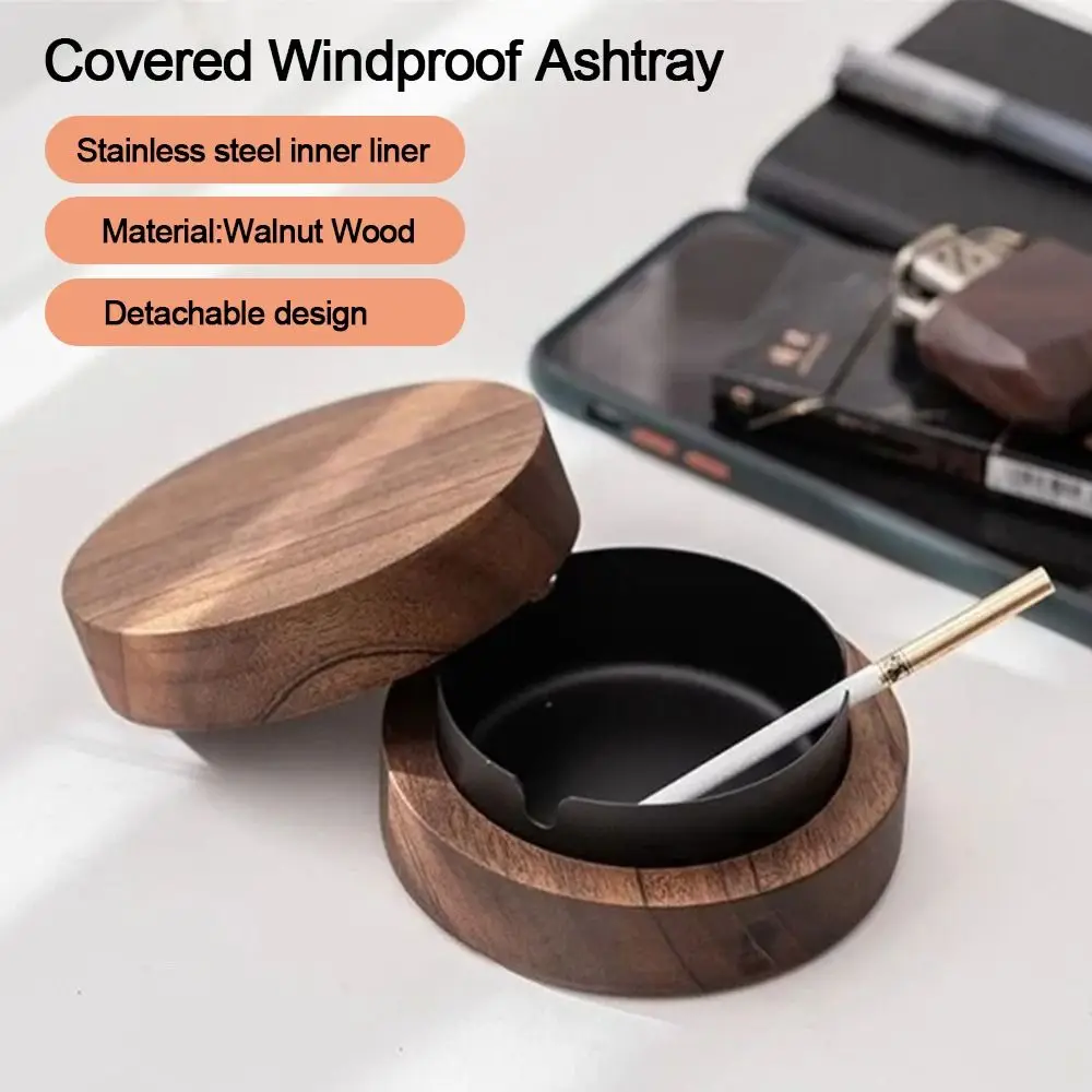 Walnut Wood Ashtrays With Lid Covered Windproof Ashtray With Stainless Steel Liner Indoor Outdoor Ash Tray