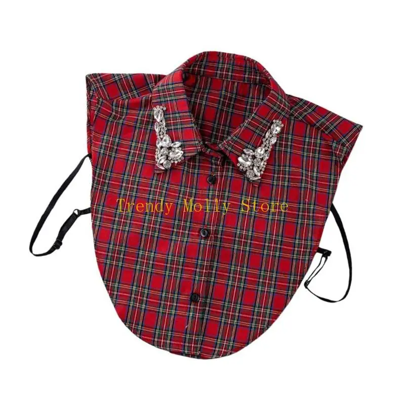 N5KB Stylish Plaids Pattern Collar Inlaid With Shimmering Crystals Comfortable Daily Wear