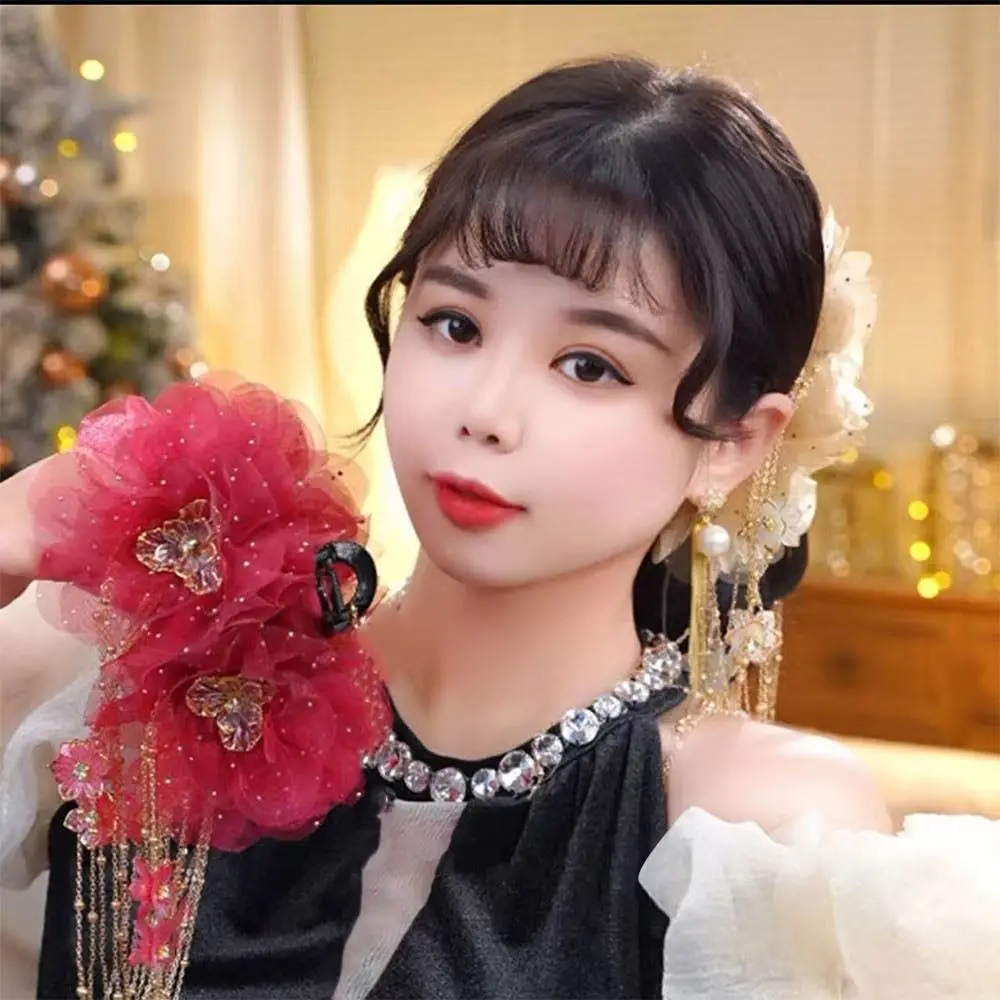 Elegant Lotus Flower Flower Hair Clip Mesh Material Tassels Hair Claw Sequins Plastic Bow Hair Grips Wedding Party