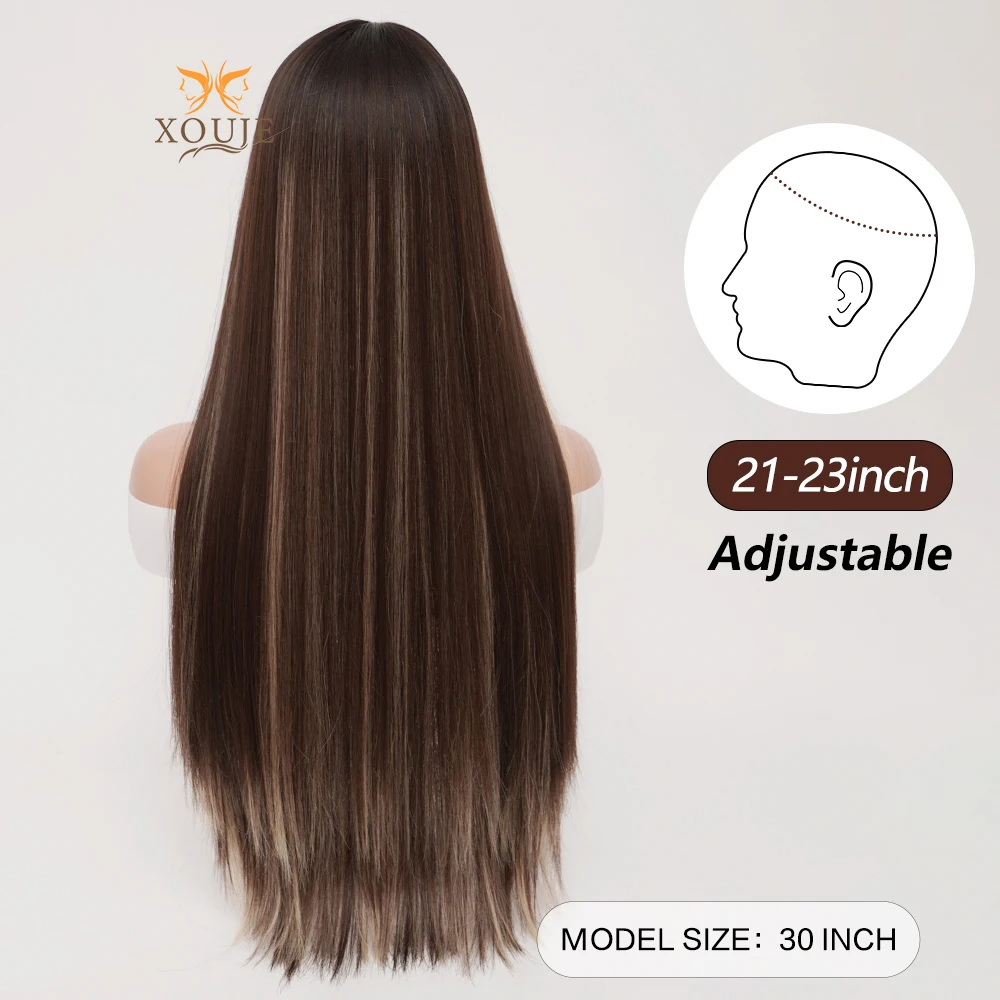 Natural Brown Highlighted Blonde Extra Long Straight Hair with Bangs Suitable for Women Daily Wear Soft Synthetic Hair Suitable