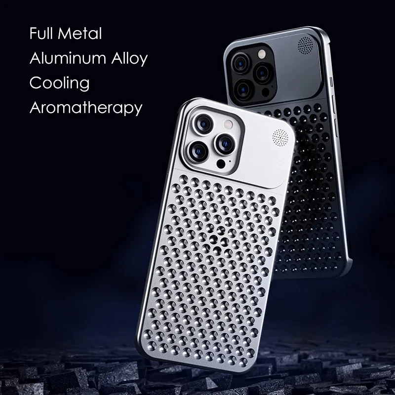 Metal Heat Dissipation Phone Case For iPhone 13 12 14 15 16 Pro Max Plus Cooling Fragrance Rimless Hollow Aluminum Phone Cover