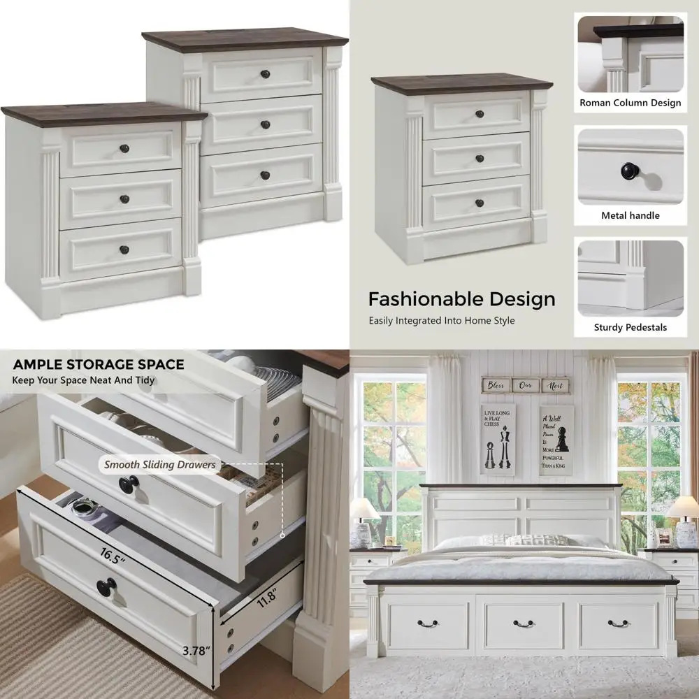 

Pair of 26 Tall Farmhouse-Style Nightstands with 3 Drawers and Charging Station, 23.6 Wide Large Side Table featuring Roman Colu