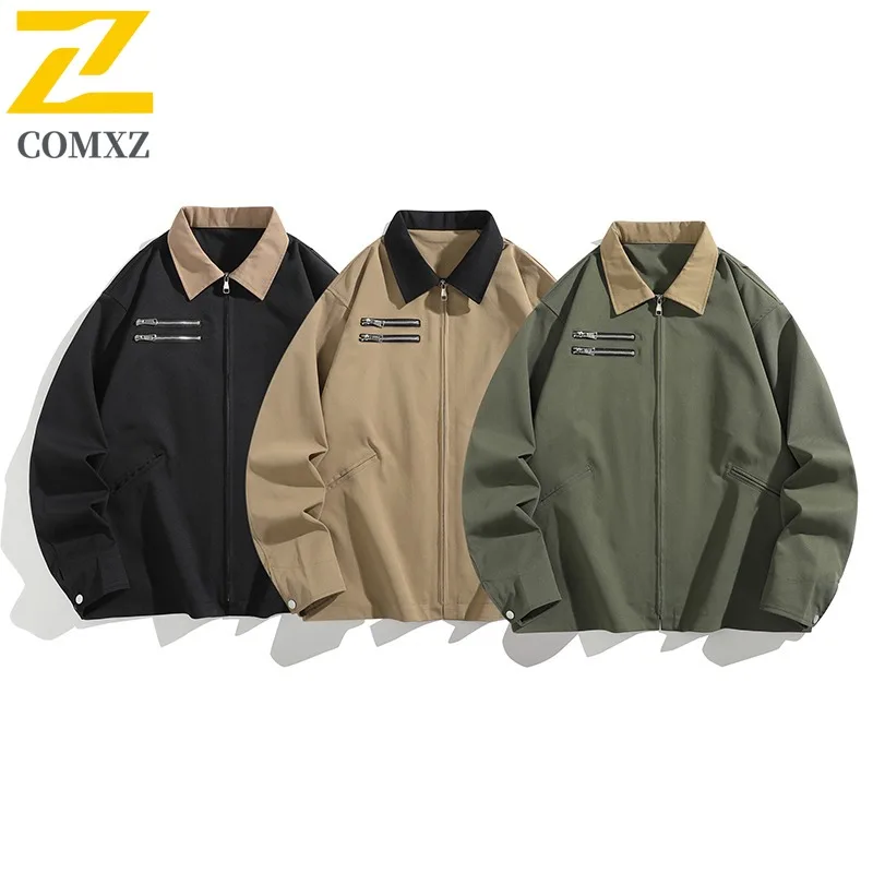 COMXZ 2025 Mens Japanese Vintage Workwear Jacket Zip Detail Casual Coat