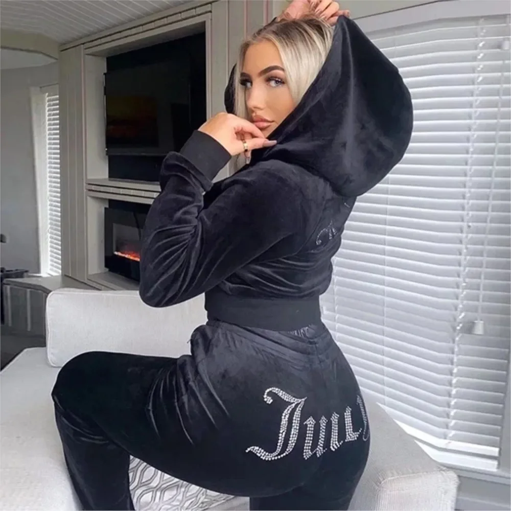 Women Fashion Vintage Two Piece Sets Tracksuit Casual Zipper Long Sleeve Hoodies Straight Pants Outfits New Velvet Sport Suit