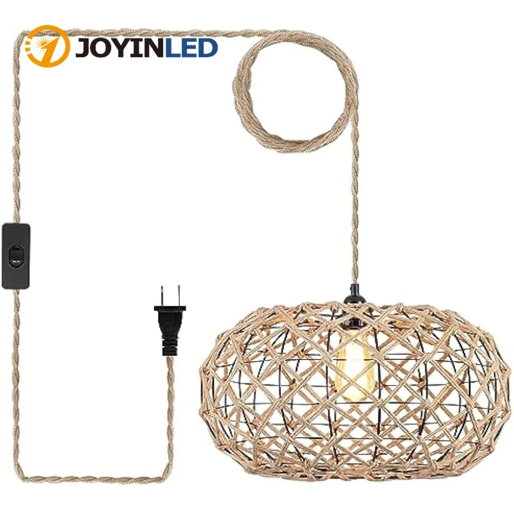 

Rustic Handmade Hemp Rope Woven Plug in Pendant Light with 14ft Cord ForBedroom Kitchen Island Farmhouse Dining Room Living Room