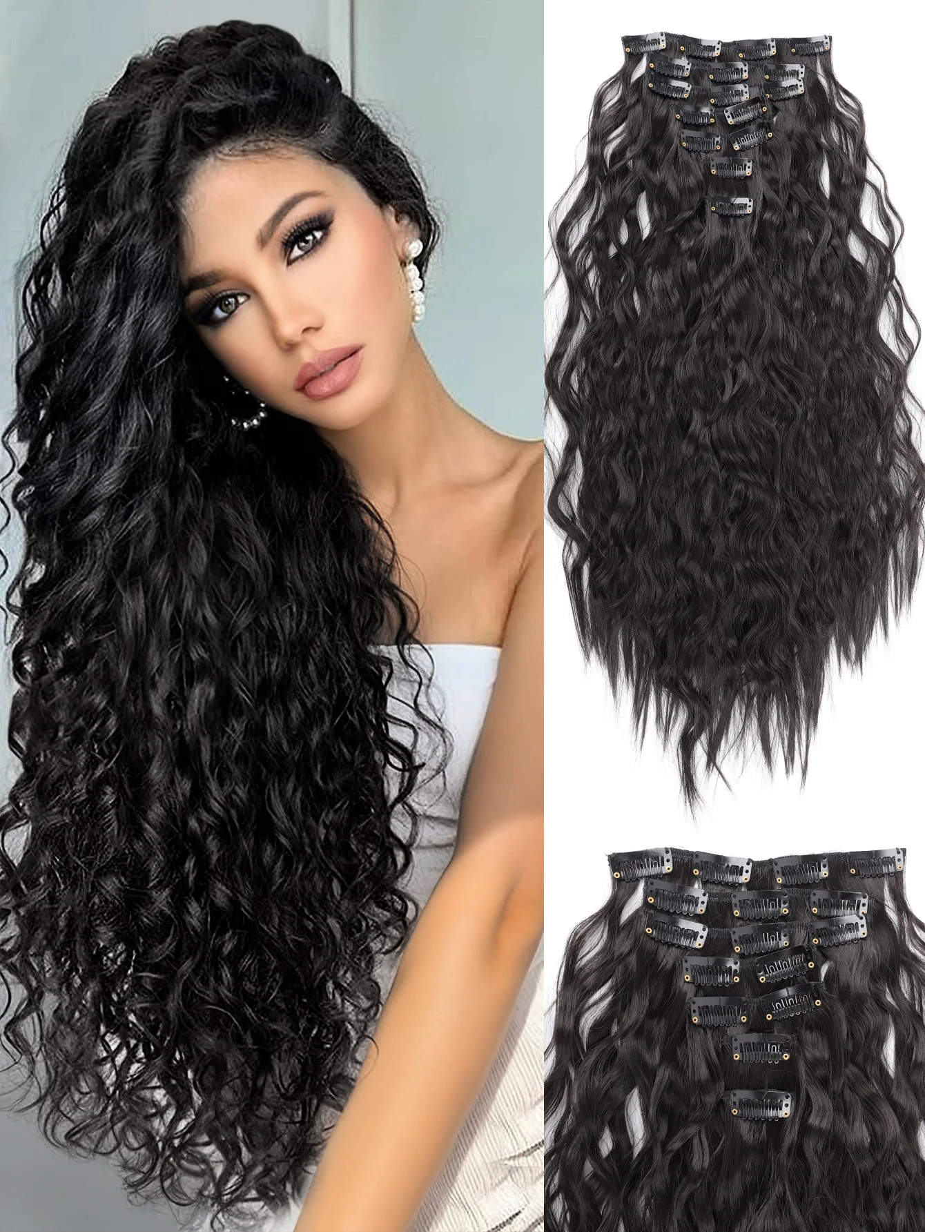 Clip In Hair Extensions Brown Hair Extensions Thick Mermaid Waves Hair Extensions Invisible Lace Weft Soft Hairpieces For Women