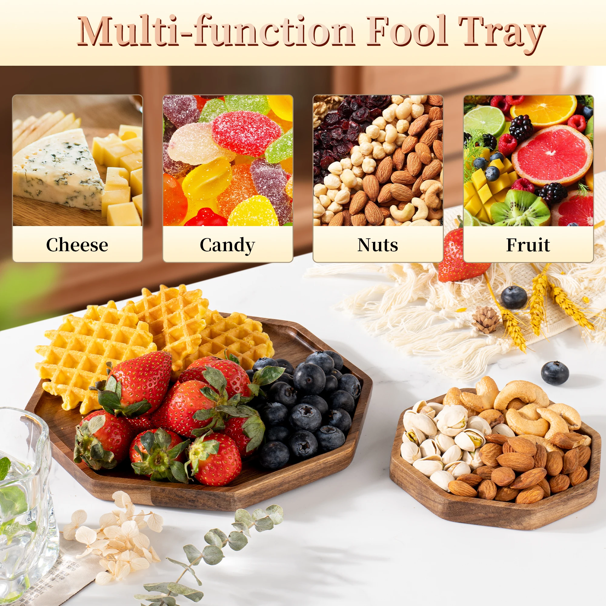 Acacia Wood Octagonal Tray Dessert Plate Wooden Fruit Plate Food Snack Dried Tea Tray Tableware Coffee Coaster Kitchen Supplies
