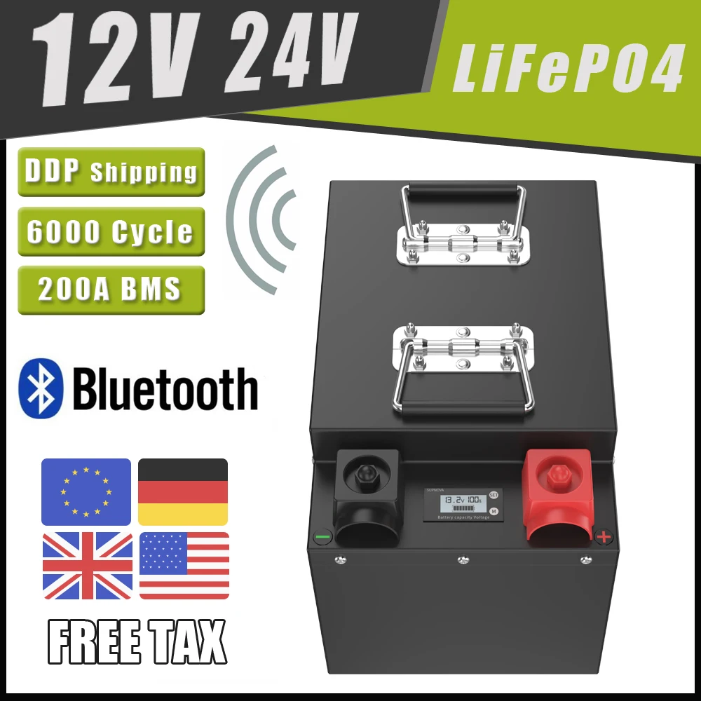 

12V 24V 100AH 200AH 300AH LiFePo4 Battery Bluetooth BMS Grand A Cells Lithium Iron Phosphate For RV Solar storage off grid