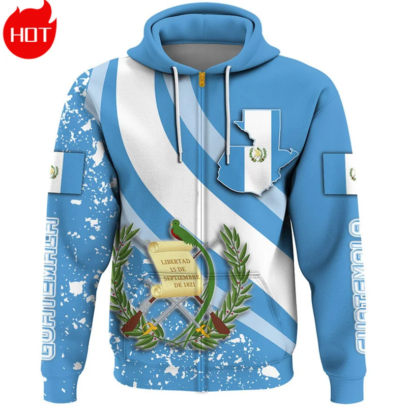 3D Printing Guatemala Tribal Flag Zip Up Hoodies The Republic-of Guatemala Map Emblem Graphic Zipper Pullover Mens Sweatshirts