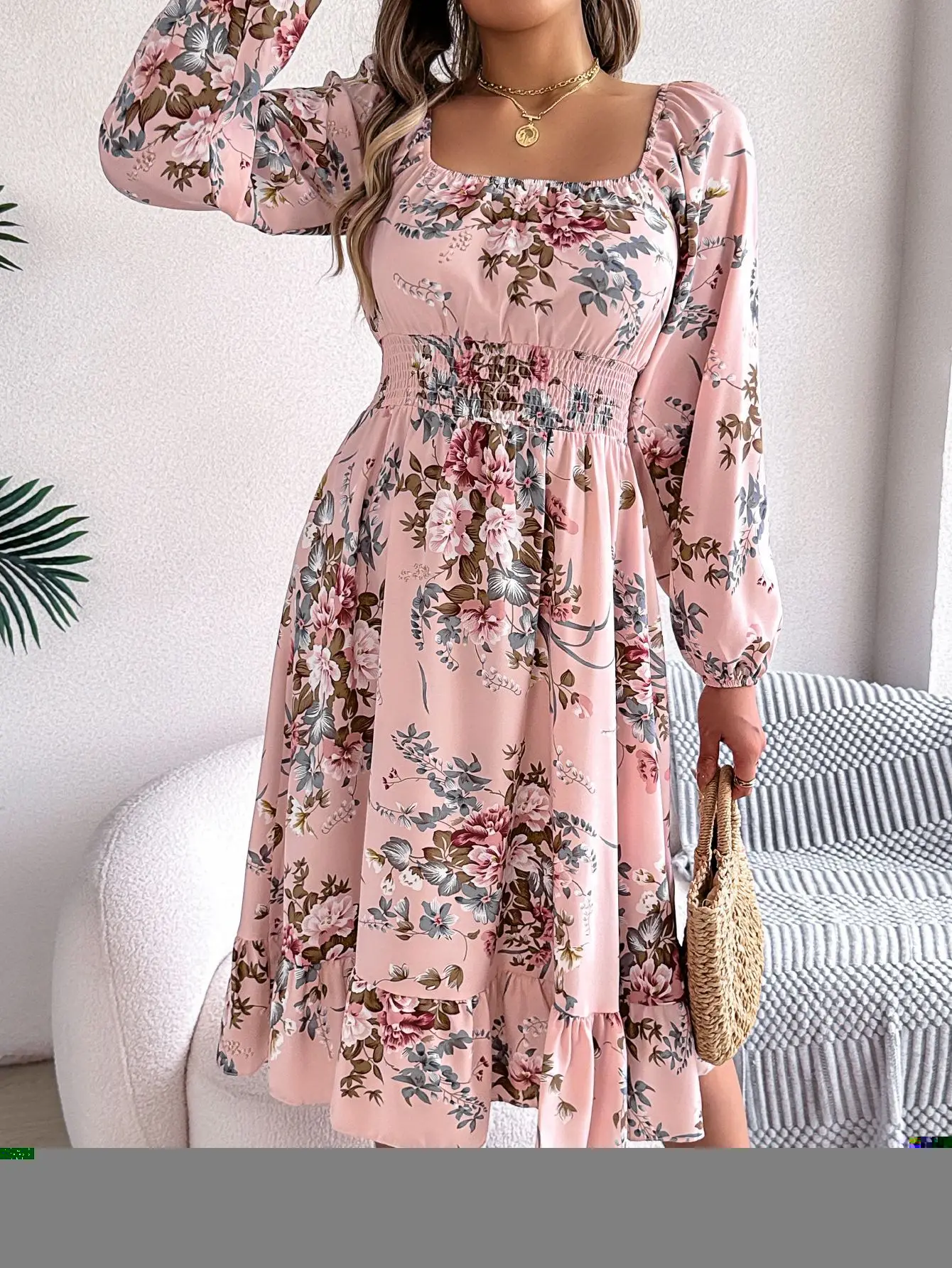 فستان أنيق مطبوع بياقة مربعة وأكمام طويلة وخصر عالي وكشكشة مقسمة ​ ​ فستان ميدي ربيع جديد ملابس نسائية