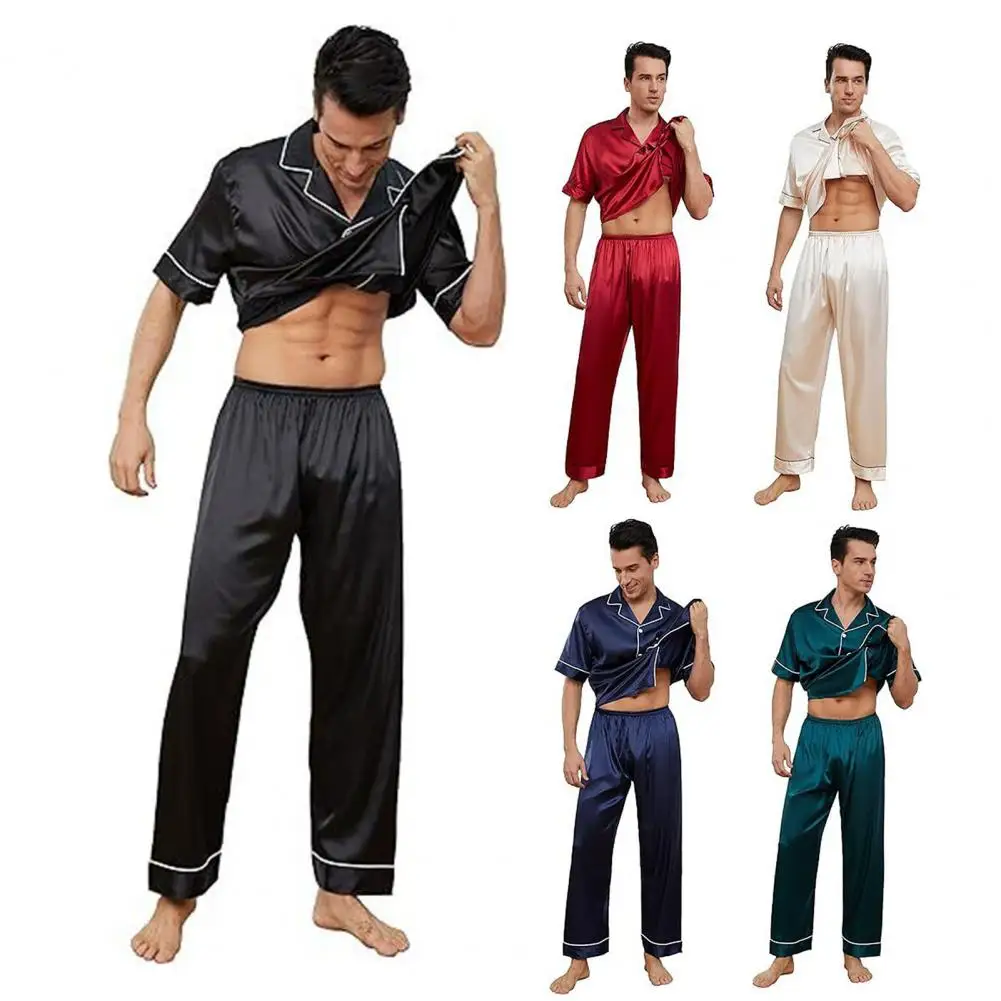 2Pcs/Set Silk Satin Men Pajama Set Notch Collar Button Down Pajama Top with Chest Pocket Elastic Waist Bottoms Set for Sleepwear