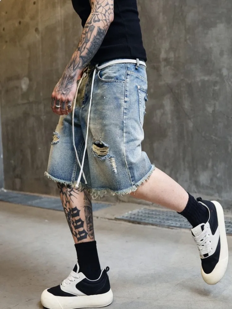 رجل الدنيم السراويل ممزق ثقوب الركبة طول مستقيم بنطلون الهيب هوب الجينز شارع العليا خمر رجل الصيف السراويل غير رسمية جديد