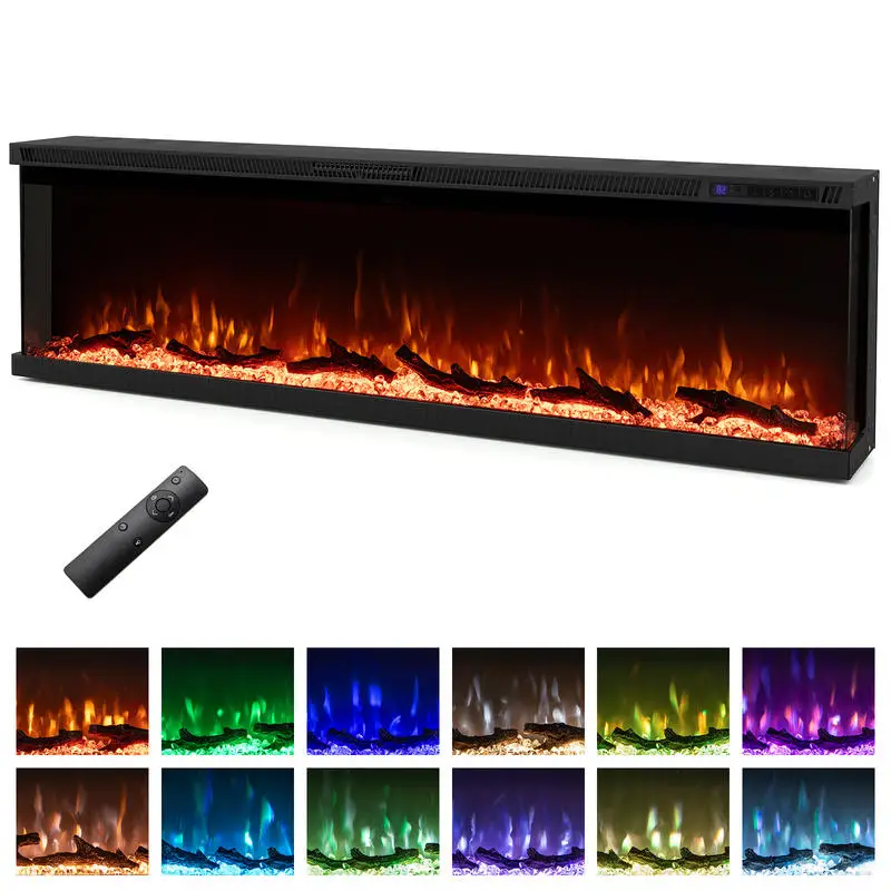 

36/40/50/60 Inch Wide 3-Sided Electric Fireplace Insert with Remote Control and 12 Flame Colors-60 inch