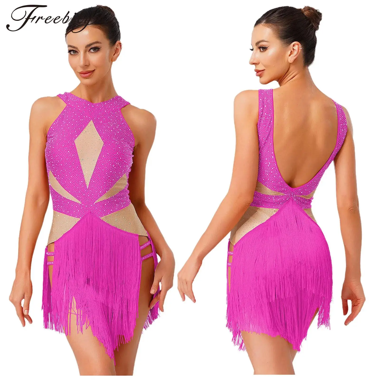 Vestido de baile latino Jazz para mujer, sin mangas, malla brillante con diamantes de imitación, leotardo con borlas para patinaje, cha-cha, Rumba, Samba, Tango, salón de baile
