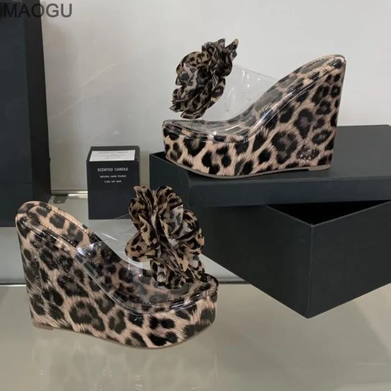 Women's Leopard Flower Platforms Sandals 13CM High Heel Wedge Slippers Sexy Summer Peep Toe Beach Shoes Fashion Heels for Ladies view 6