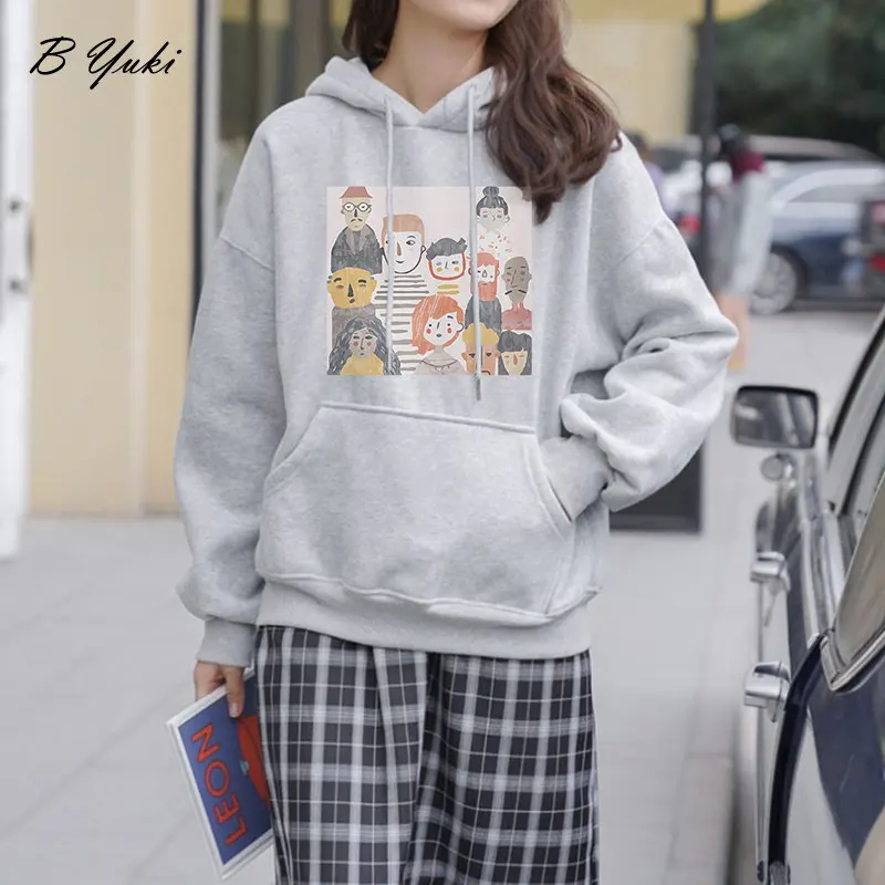 Blessyuki Gothic Hoodies Women 2023 Winter Thick Warm Aesthetic Print Sweatshirt Female Oversized Vintage Harajuku Cotton Tops