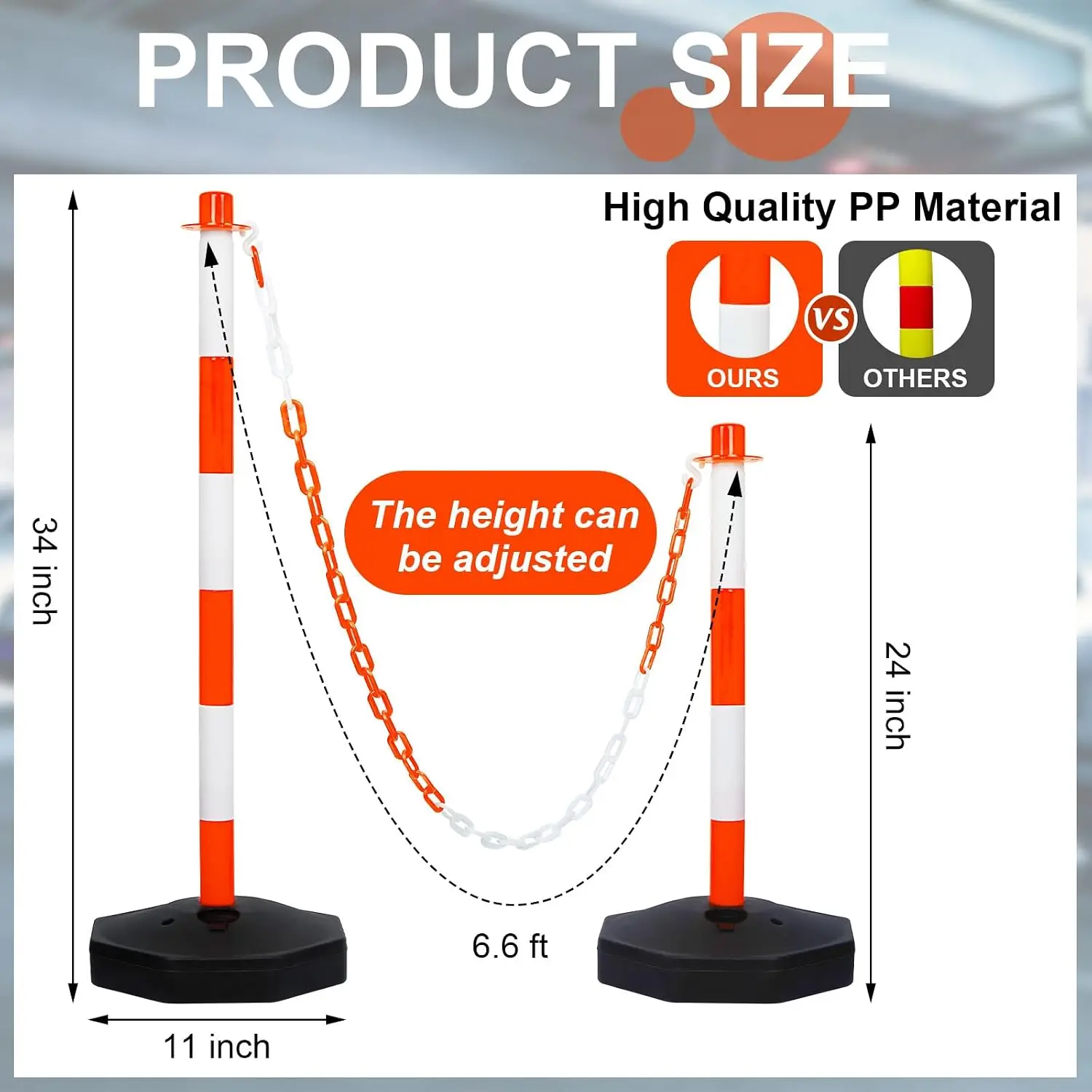 Orange 12 Packs Traffic Delineator Post Cones with Fillable Base 6.6 Ft Link Chain S Hooks UV Resistant Plastic Stanchion Set Parking Lot Construction