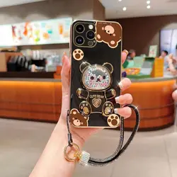 Diamond Wrist Strap Lanyard Cute Bear Phone Holder Case For iPhone 16 15 14 13 12 11 Xs Pro Max Mini X XR Plus Stand Back Cover