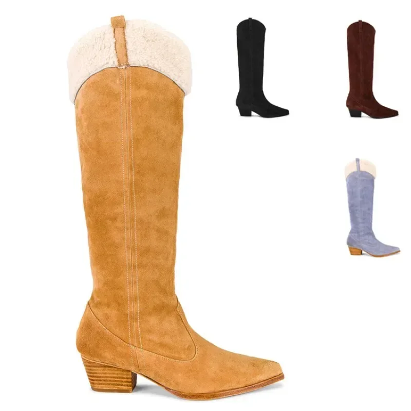 Cow Suede Personalized Plush Knee Length Boots European American Fashion Party Hot Dance Plush Warm Women's Shoes Size 32-46