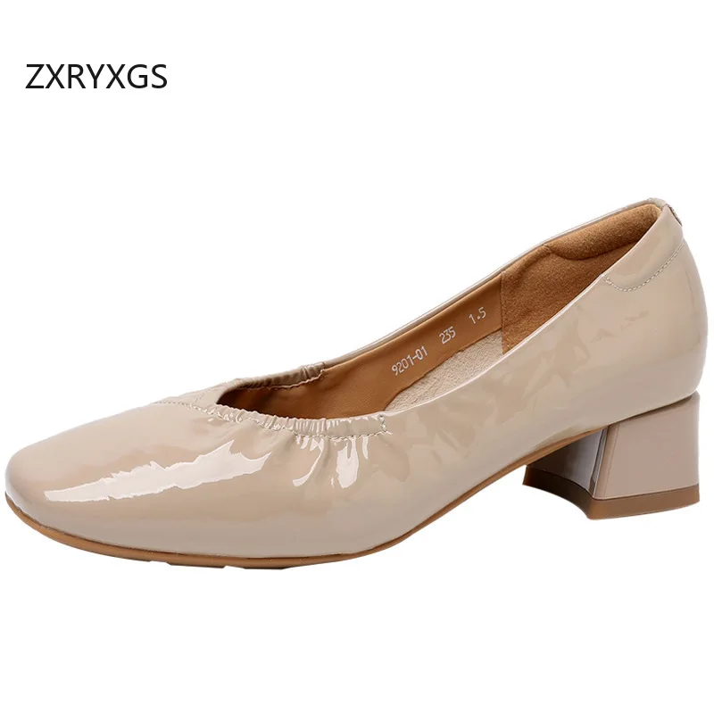 ZXRYXGS 2026 Soft Sheepskin Square Toe Patent Leather Shoes Mid Heels Autumn Comfortable Versatile Fashion Shoes Woman Plus Size