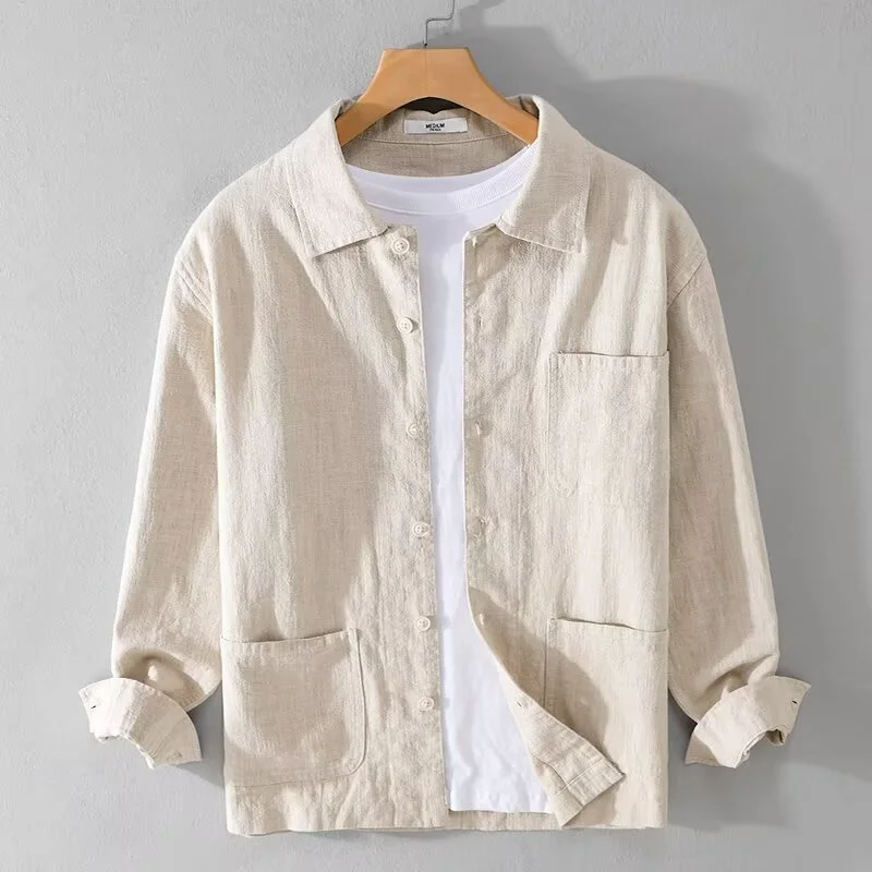 

Men's Pure Color Linen irt Jaet Casual Loose Fit Cotton Linen Material Spring Autumn Versatile irt Collar Long Sve