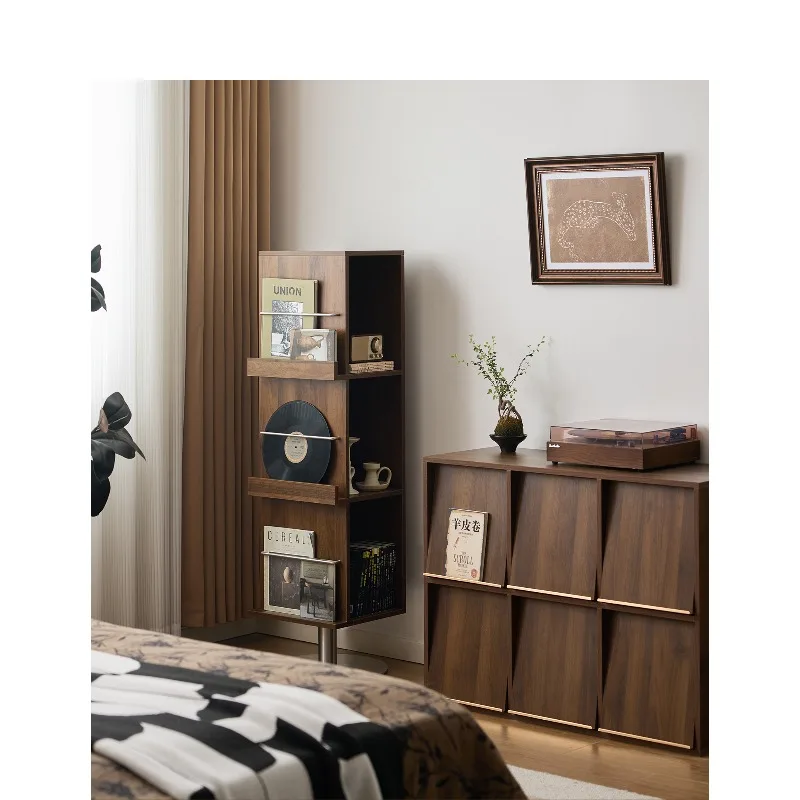 Retro Bookcase Walnut Rotary Bookshelf 360 Degree Living Room TV Side Shelf