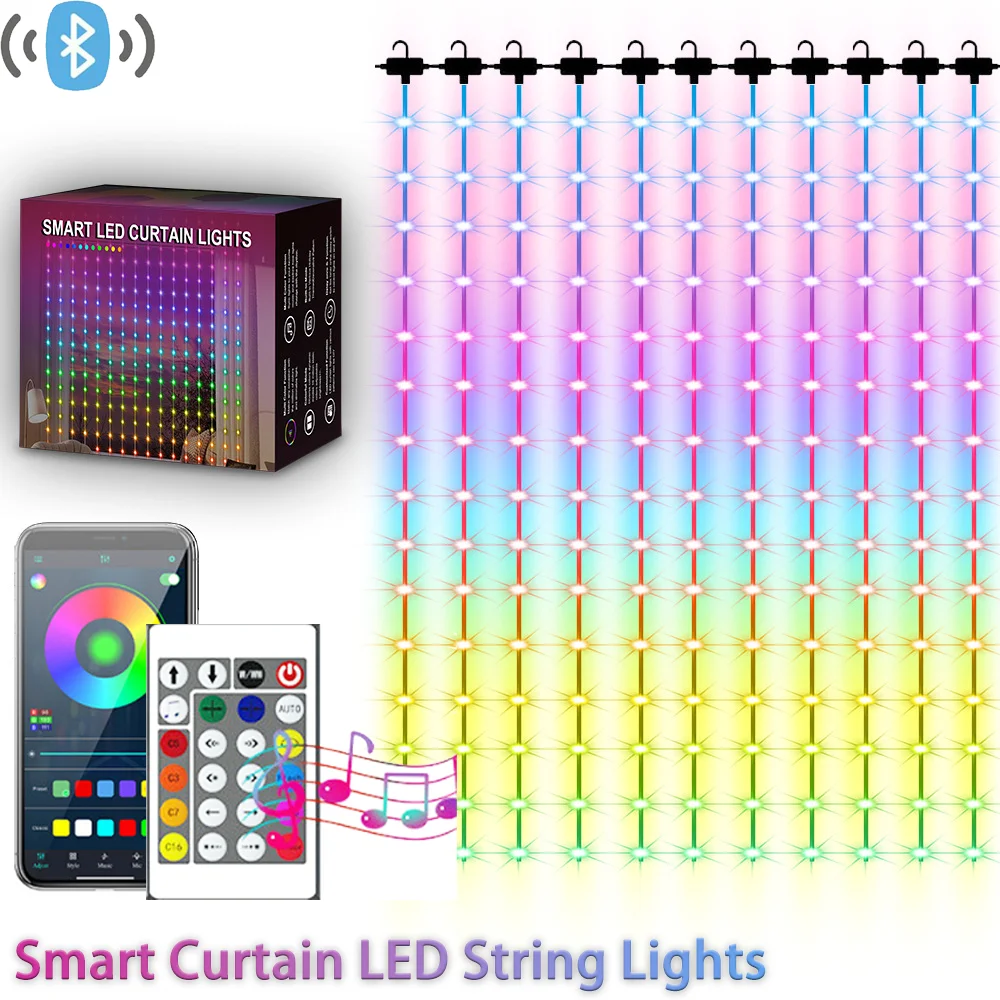 LED RGB Smart Curtain Lights with Music App Controls and Remote LED Party Lights for Wedding Valentine's Day Christmas Lighting