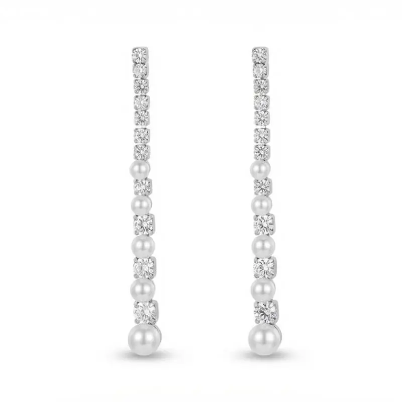 

MURMUR Elegant Long Linear Pearl Earrings Rhinestone Tassel Dangle Silver Tone Bridal Jewelry