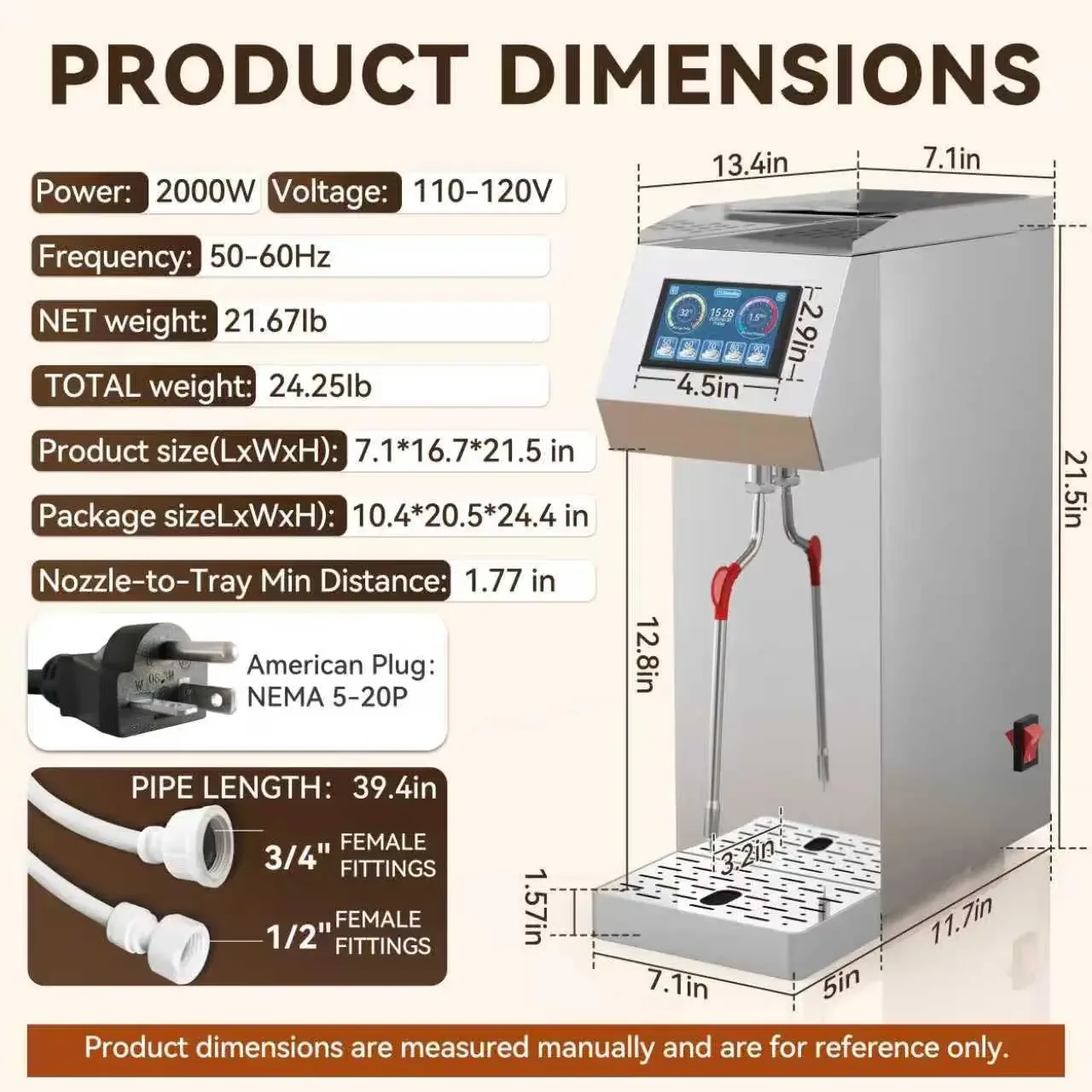 Commercial Milk Frother 2KW, Automatic Stainless Steel Steam Frother with Touch Control LED Display, 6 Temp Settings, External W
