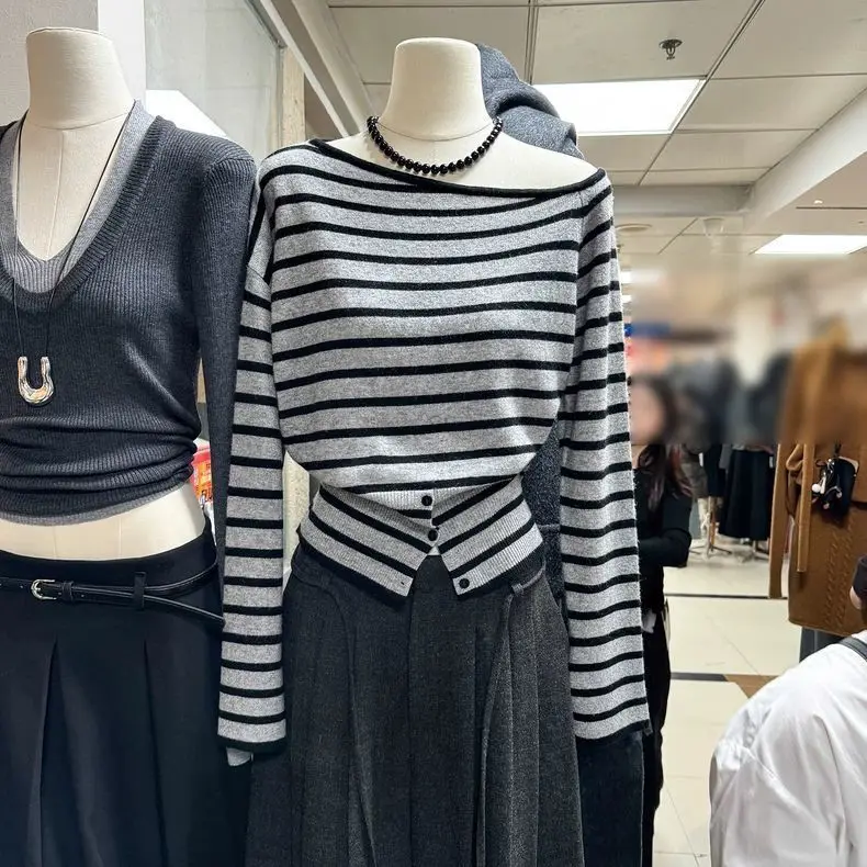 

Весна-осень 2023, новый корейский полосатый цветной блузка на пуговицах, асимметричный трикотаж, женский топ Faion Ci Walk