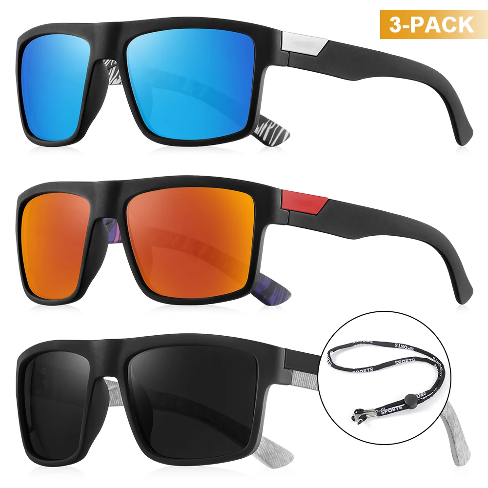 CRIXALIS 3-teilige quadratische Sonnenbrille für Männer und Frauen mit Seil, Angeln, Fahren, Wandern, trendige Mode, antireflektierender Schatten, UV400