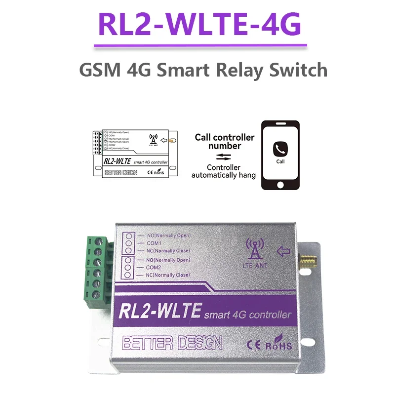 

RL2-WLTE GSM 4G Smart Relay Switch Timer Controller SMS Remote Control Home Appliance Automatic Door Gate Opener Power Off Alarm