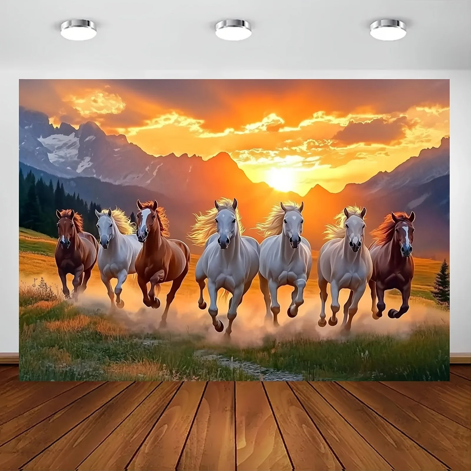 Vibrant Sunset Gallop Wall Tapestry for Living Room Decor, Featuring a Herd of Majestic Horses in Full Stride Across a Lush