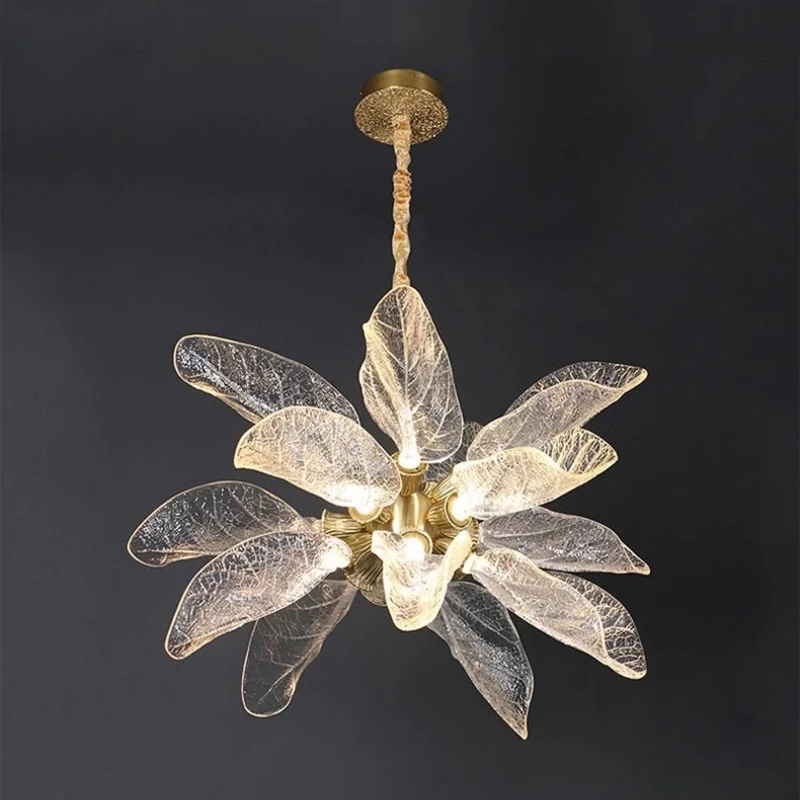

Роскошный подвесной светильник в скандинавском стиле, прозрачная смола, лист, медь, светодиодная потолочная люстра, ресторан, гостиная, вилла, домашний декор, подвесной светильник