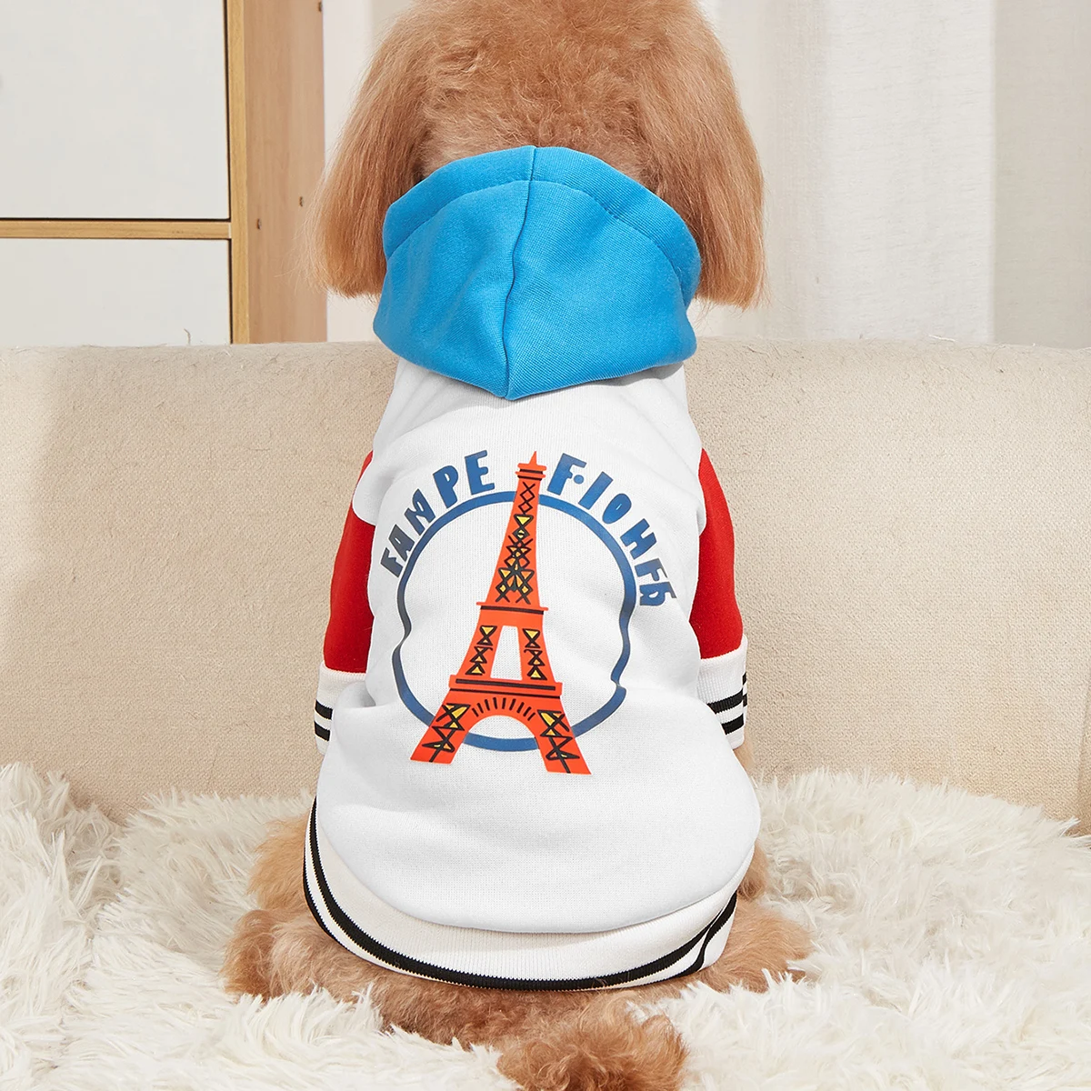 Pet clothes dog cat jacket Warm and comfortable clothes with Eiffel Tower print blue, white and red panels