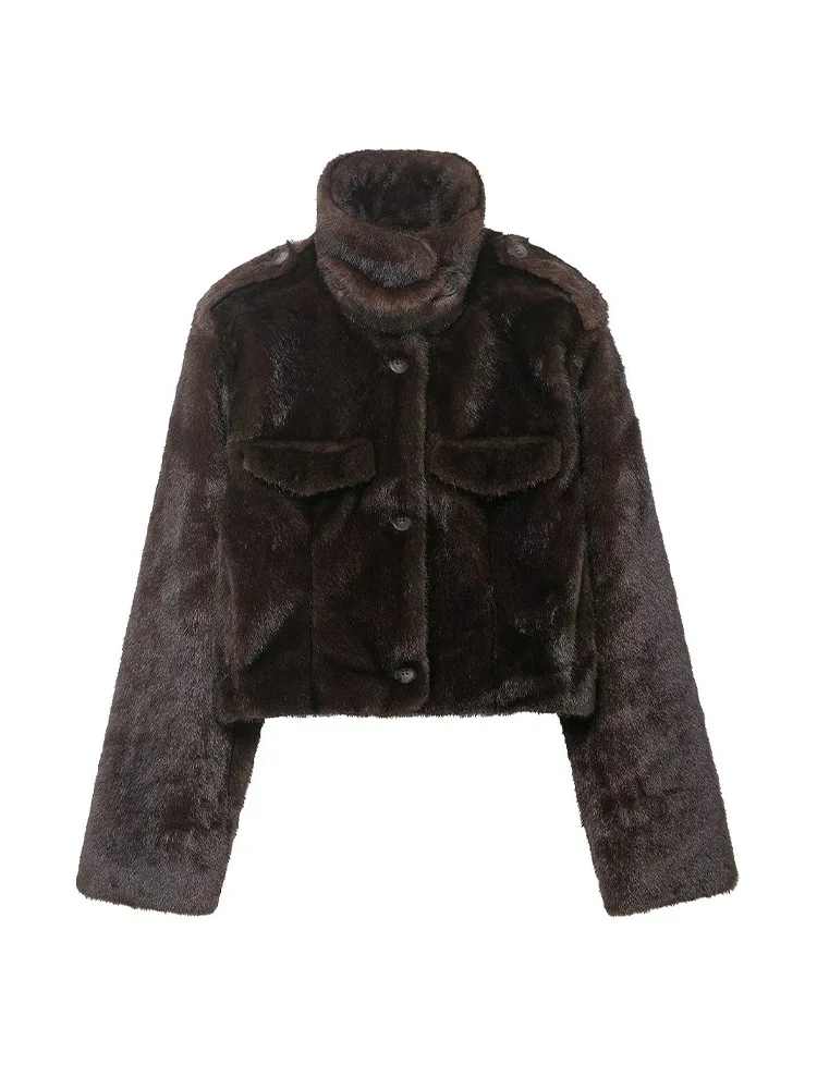 HH Women Solid High Collar Single-breasted Pockets Decorated Short Coat Woman Fashion Long Sleeve Warm Winter Faux Fur Jacket