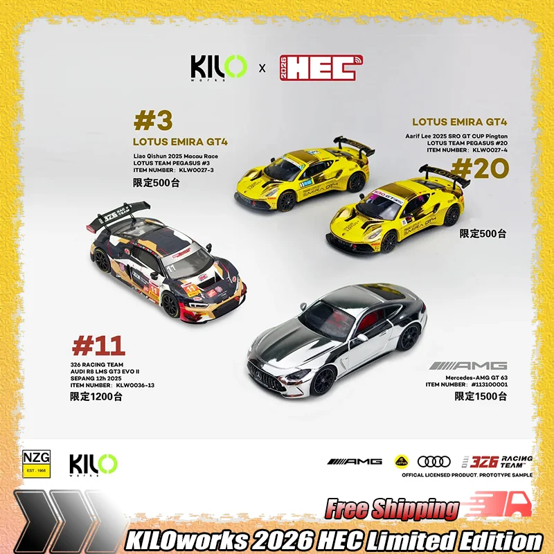 

New 1:64 Kiloworks Audi R8 Lms Gt3 2026 Hec Limited Edition Alloy Construction Machinery Die-Casting Model Children'S Toys Gifts