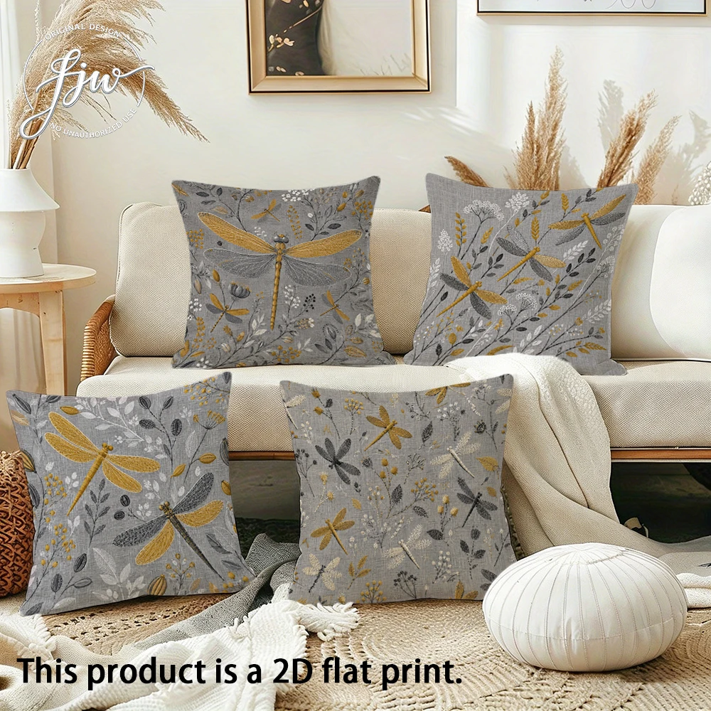 4pcs Rustic Dragonfly and Wildflower Linen Throw Pillow Covers Farmhouse Gray Yellow Decorative Cushion Cases for Sofa Couch