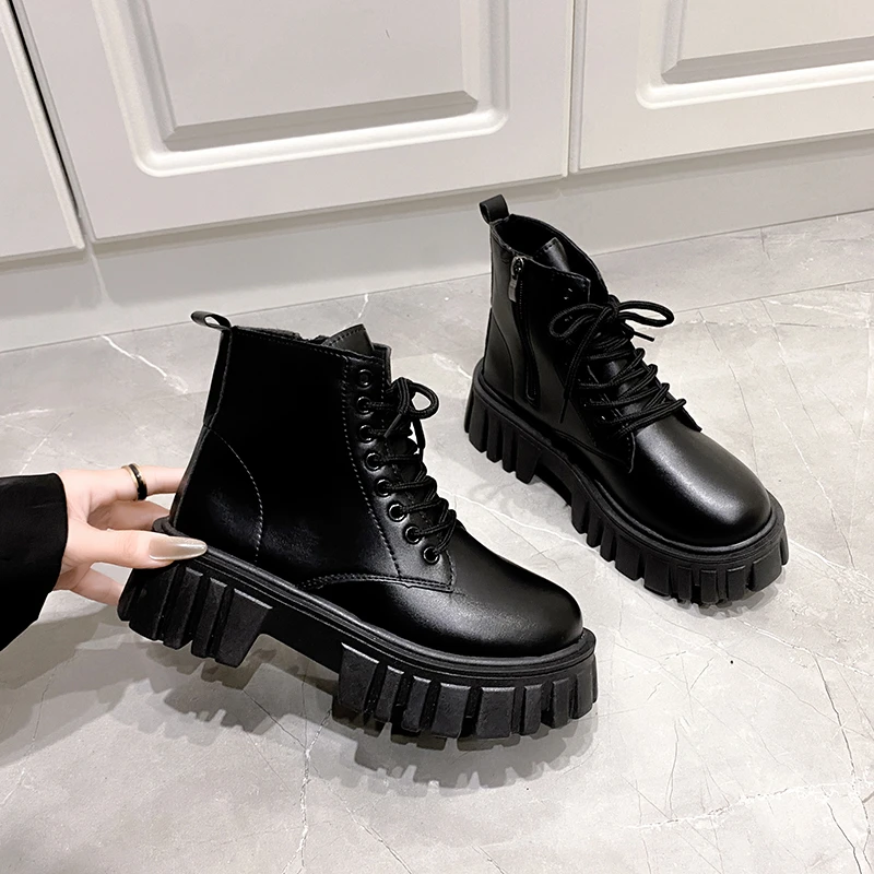 2024 Black Fashion New Women Ankle Boots  Autumn Winter Platform Zipper Women Punk Boots Thick Sole Lace Up Combat Boots Female