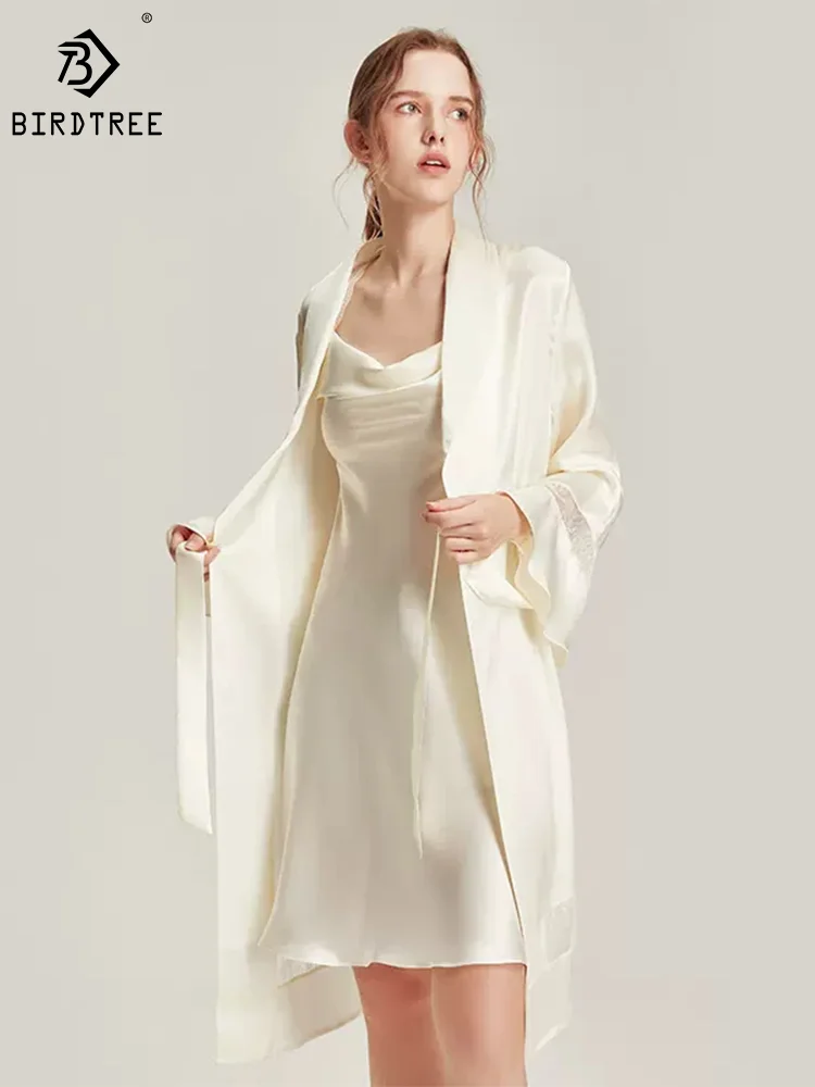 Birdtree 100%Real Silk Sleeping Robe Sling Dress Sexy Elegant Women Fashion Night-robe Sets Swinging Collar Sleepwear S3D943QM